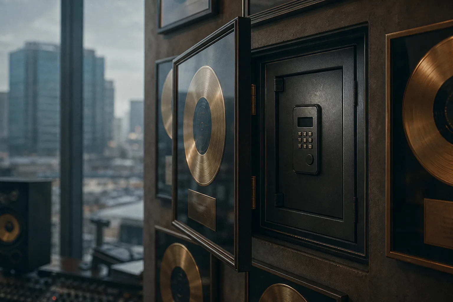 I dischi d'oro di un'etichetta discografica allineati alla parete