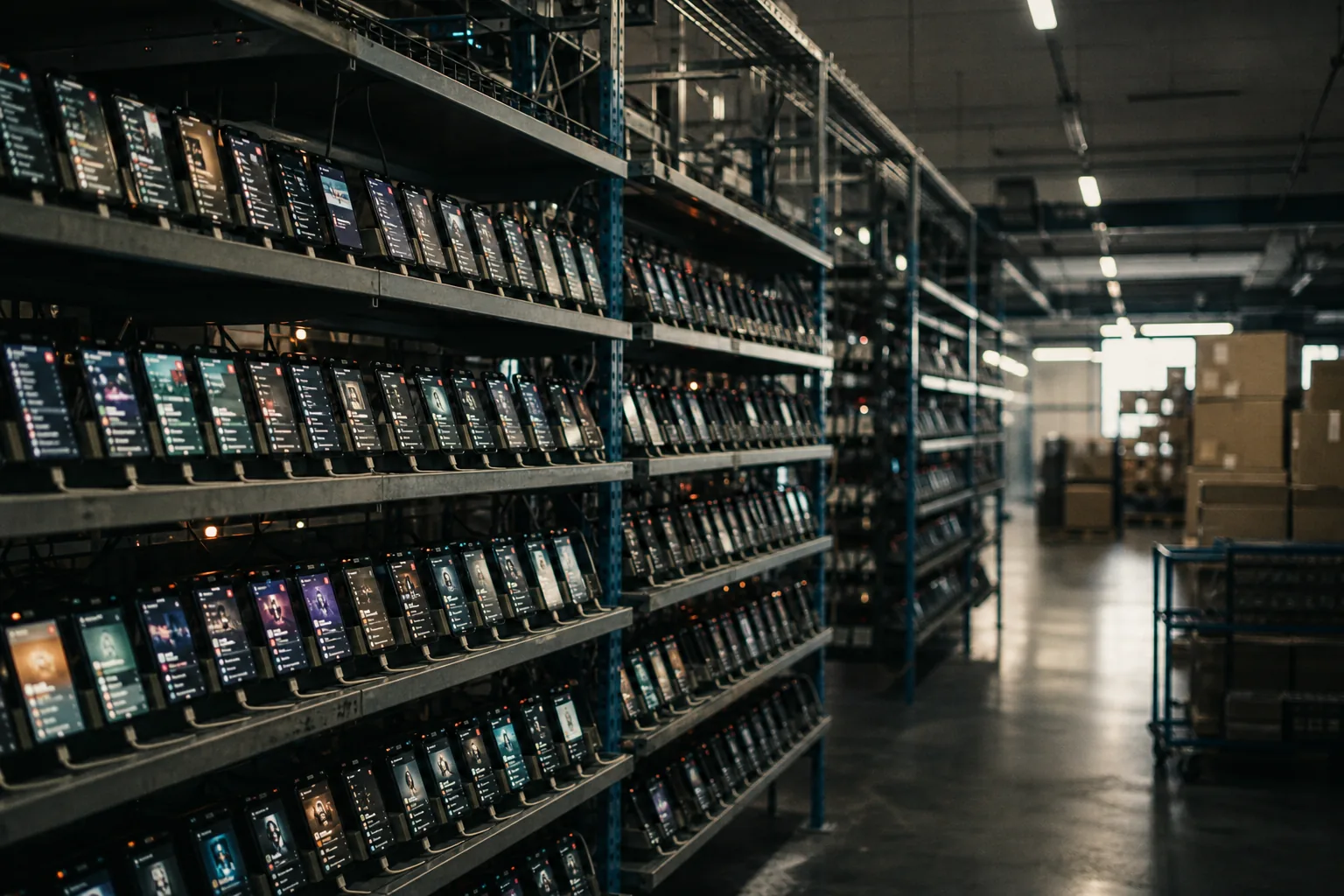 Rastrelliere di smartphone accesi in un capannone