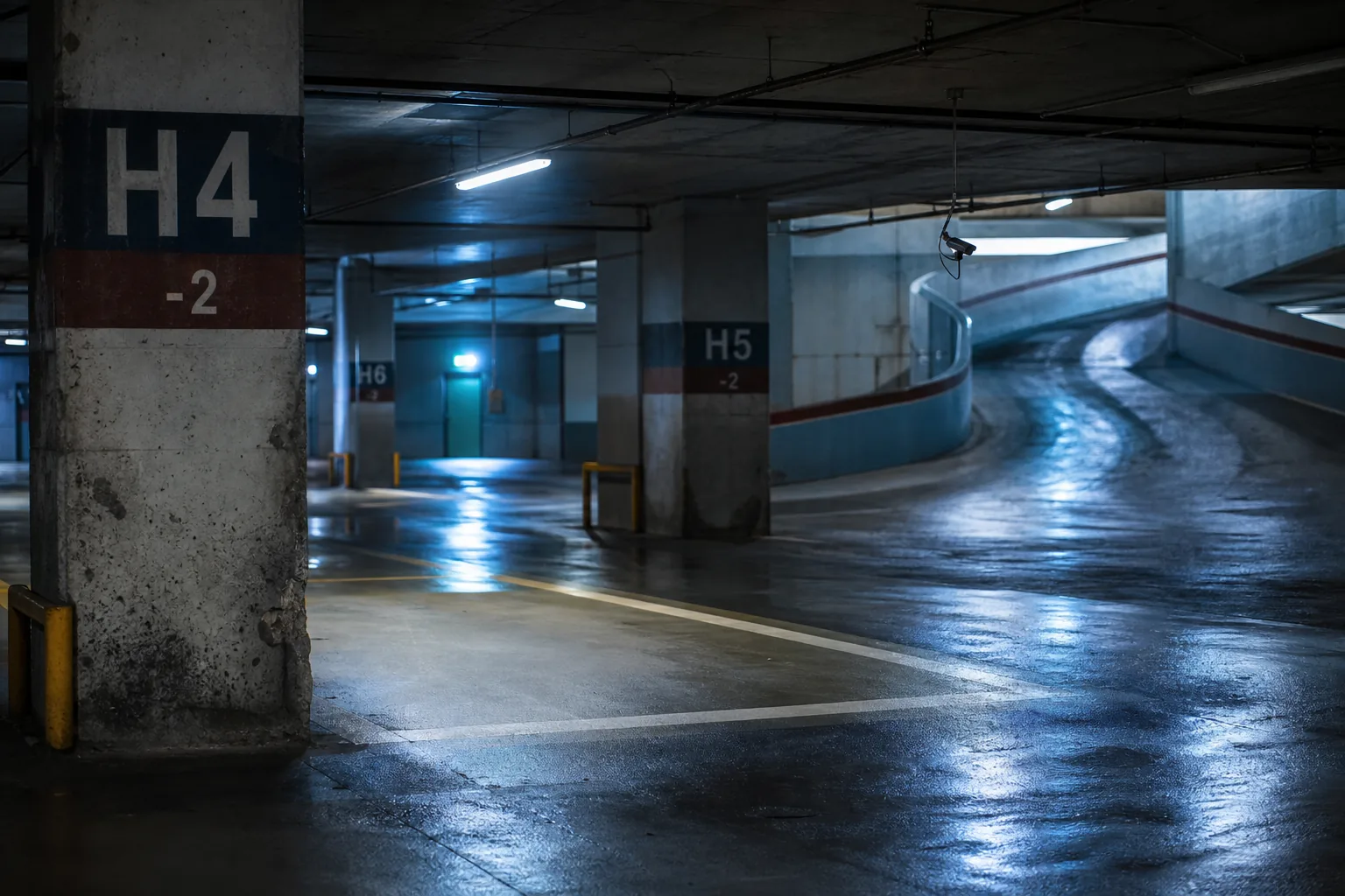 Il piano meno due di un parcheggio sotterraneo del Centro Direzionale di Napoli, deserto sotto i neon