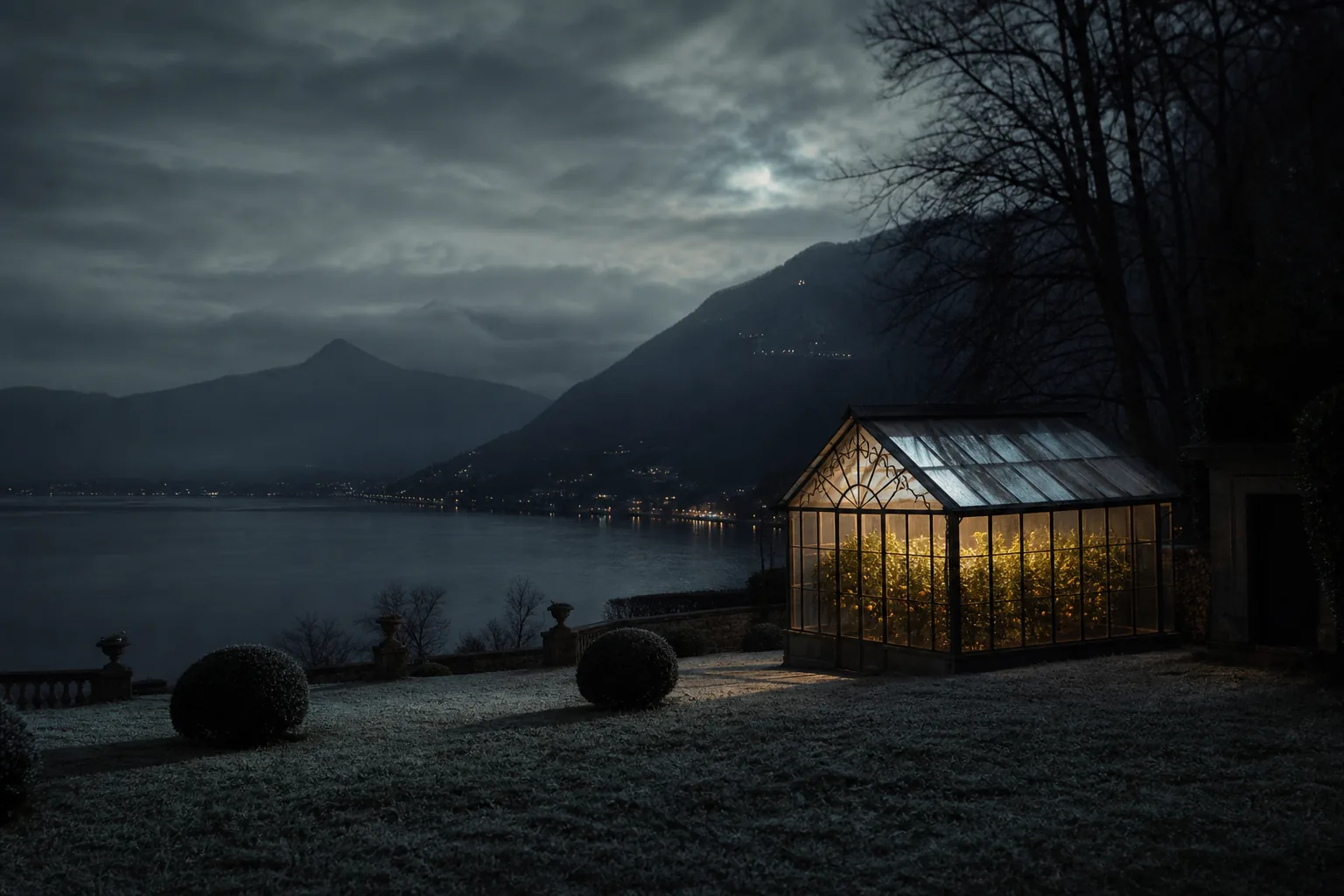 Villa sul lago d'Iseo nella nebbia