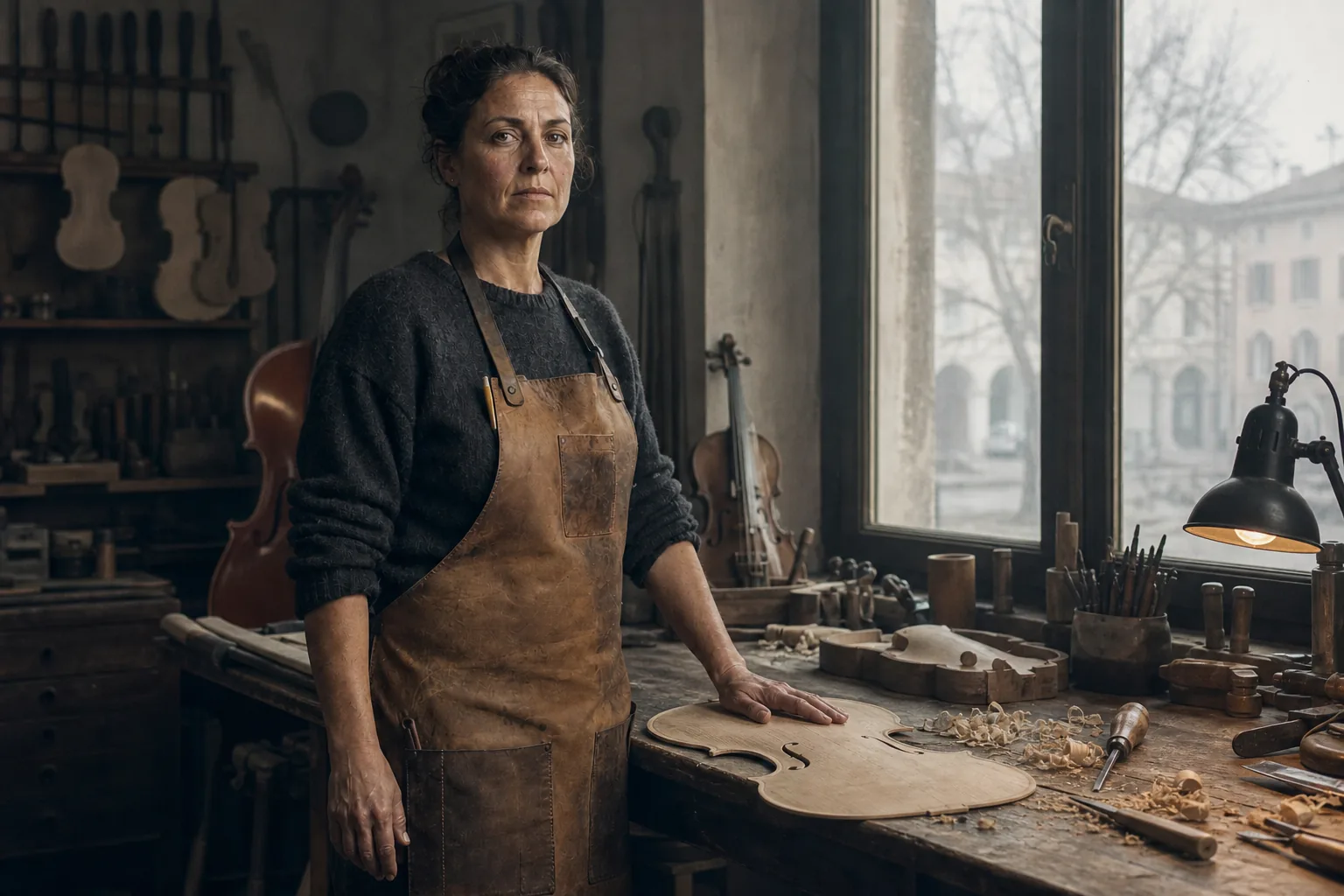Dora Montaldi nella bottega di liuteria del padre