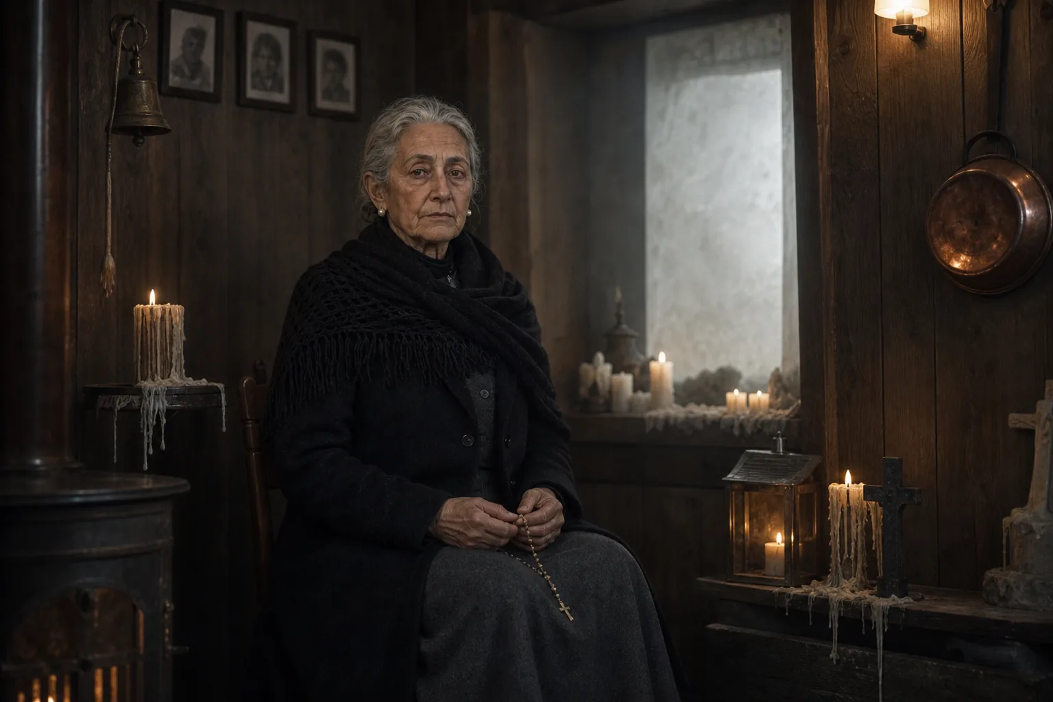 Gilda De Ritis nella sala del rifugio, alla luce delle candele