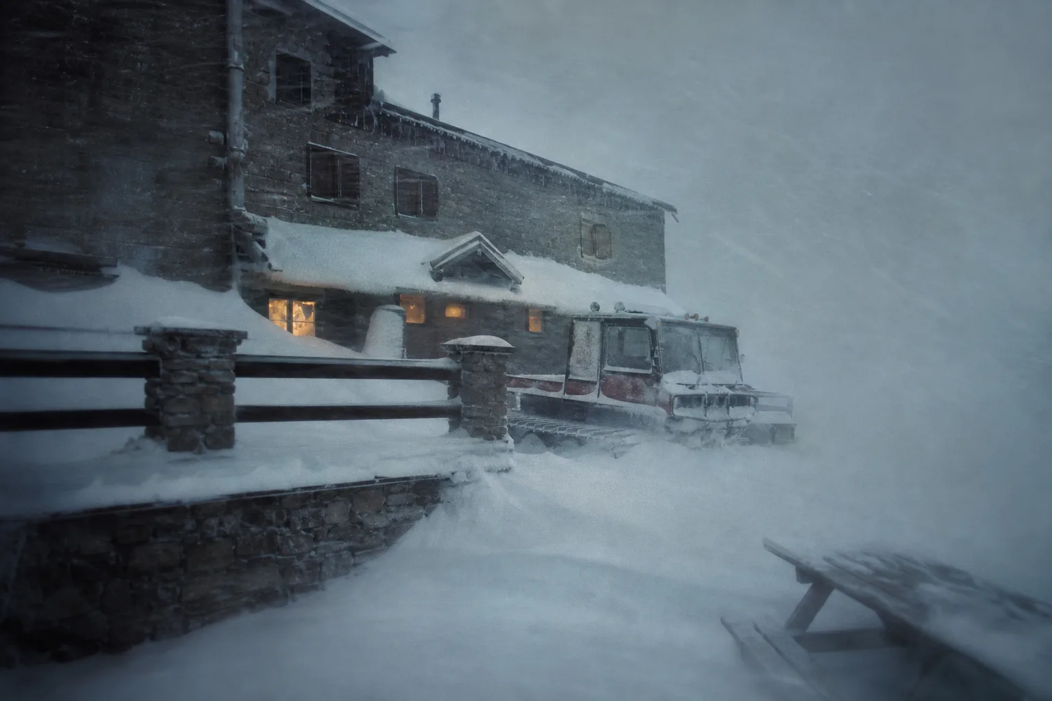 Un rifugio alpino nella bufera di neve