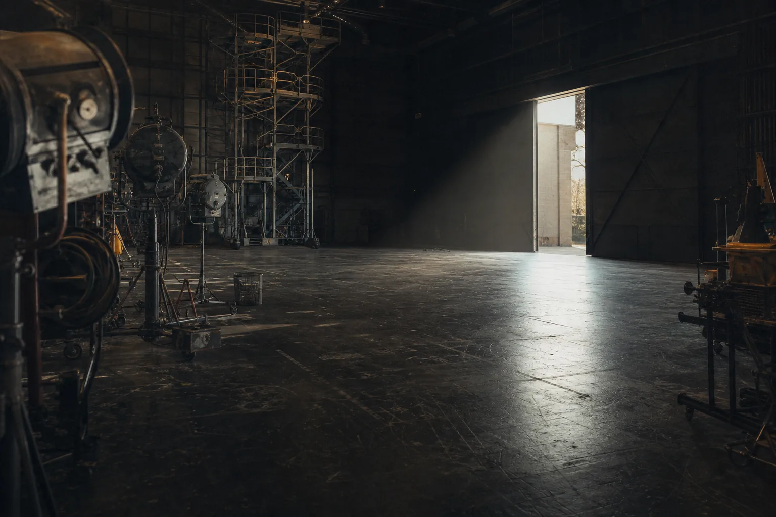 L'interno del Teatro 5 di Cinecittà, vuoto, con il traliccio di servizio e un fascio di luce dal portone