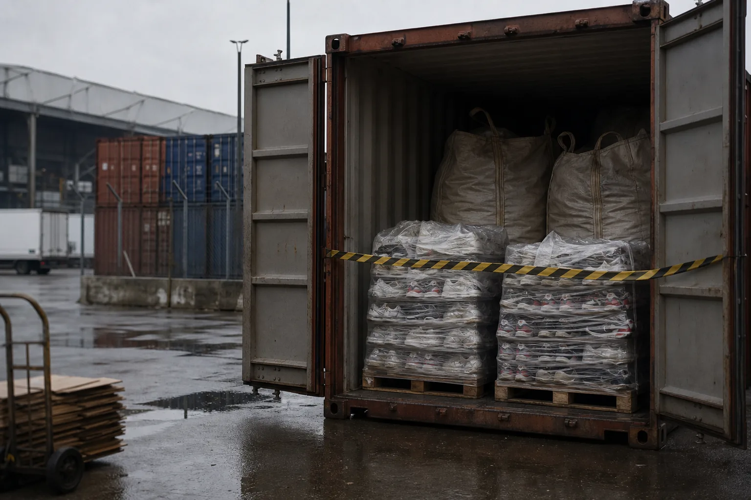 Un container aperto in un terminal intermodale, ispezionato alla luce delle torce