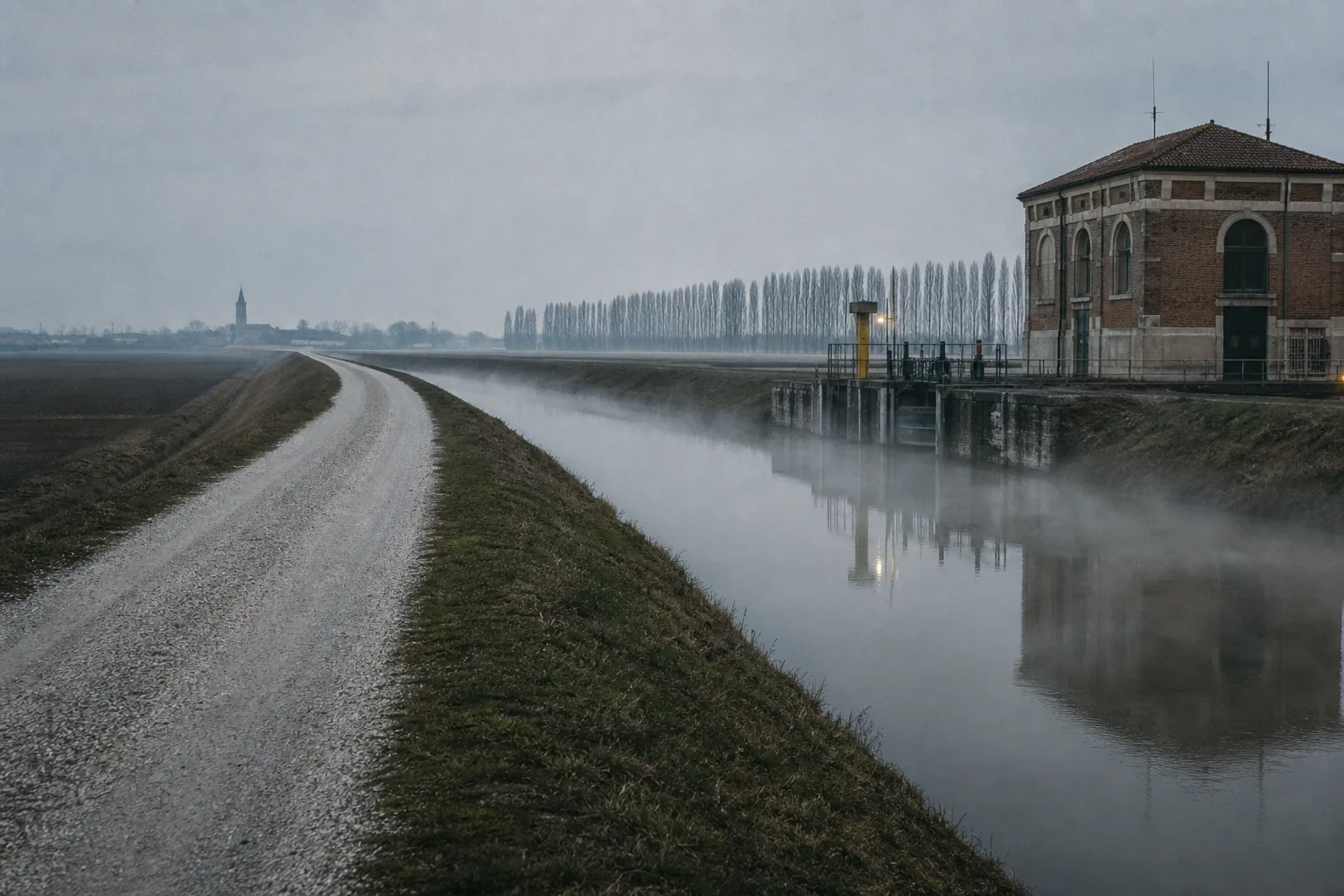 Un argine del delta del Po nella nebbia, con il canale collettore e la strada bianca