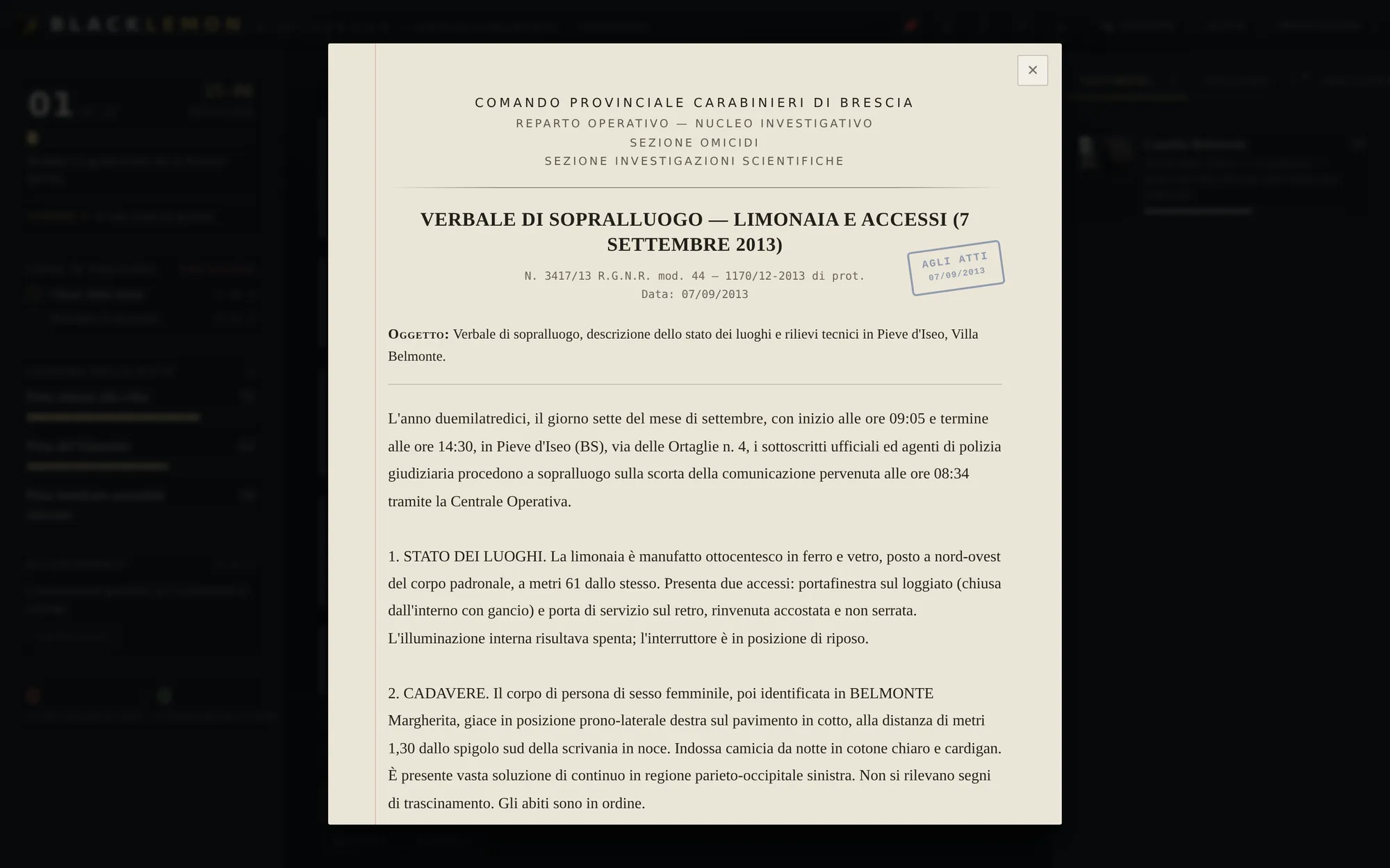 Un verbale di sopralluogo aperto sulla carta, con timbro e protocollo
