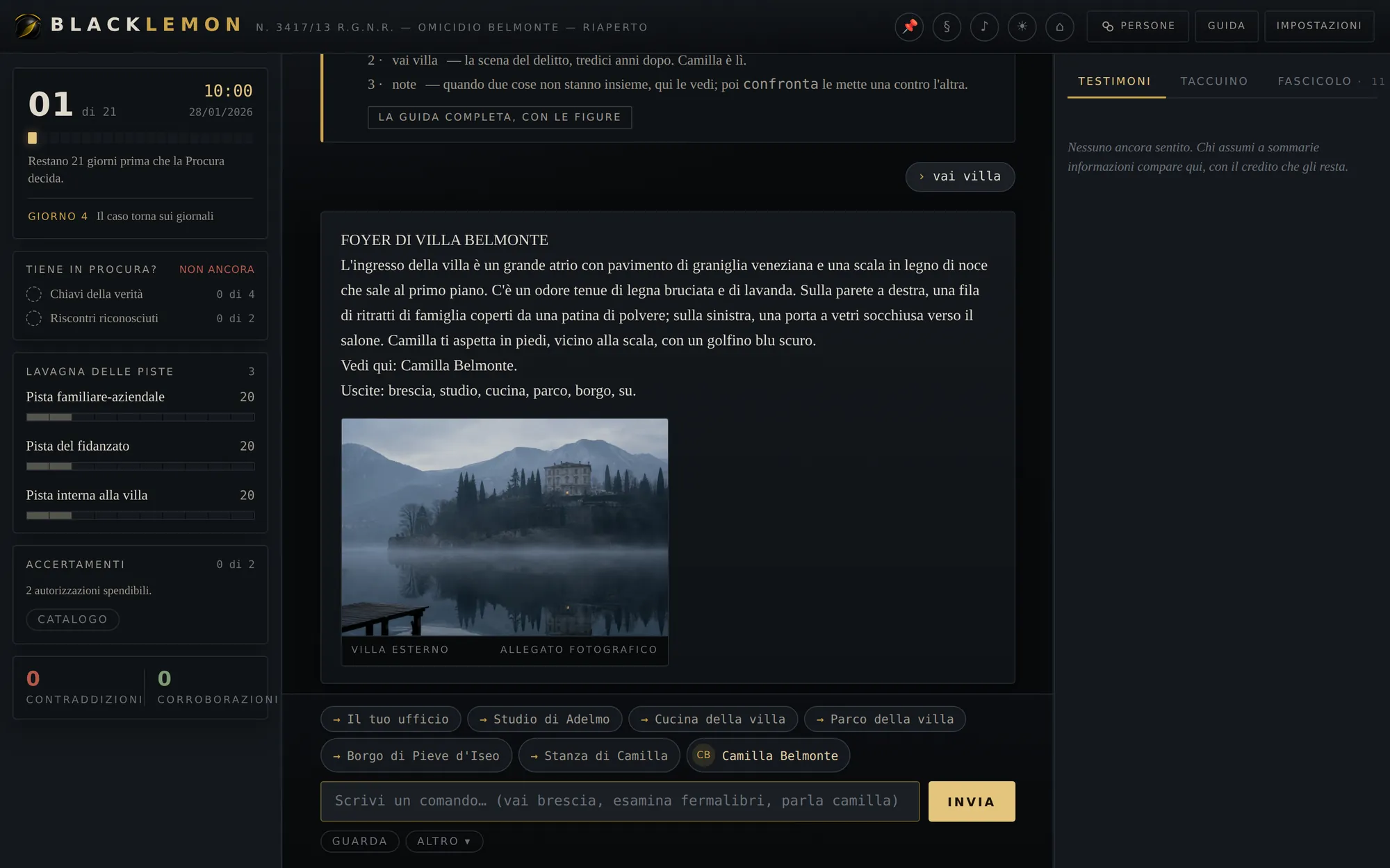 La schermata di gioco di Blacklemon: colonna del tempo e delle piste a sinistra, il flusso della scena al centro con la fotografia della villa, i pannelli dei testimoni a destra