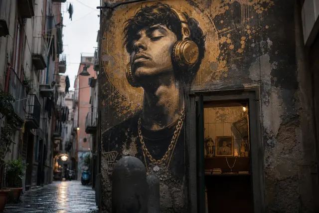 Il murale di un giovane rapper con le cuffie d'oro in un vicolo della Sanità